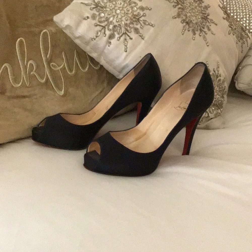 Christian Louboutin Black Peep-Toe High Heels with Red Soles